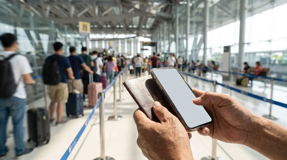Hands holding a closed passport and a smartphone in an airport arrivals hall