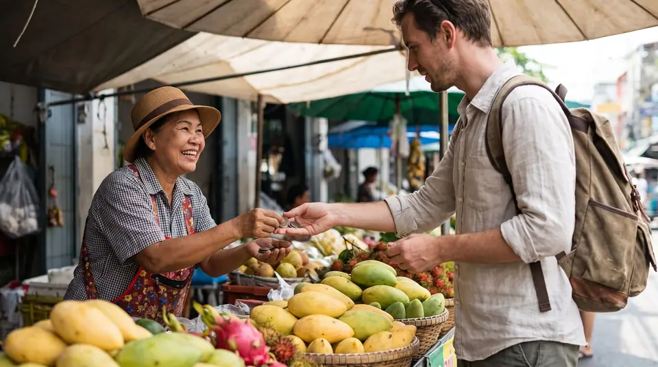 Traveler buying mango at a colourful Bangkok street market stall, handing coins to a smiling vendor