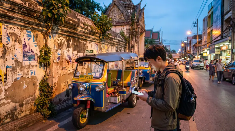 Colourful tuk-tuk parked on a Bangkok street at dusk beside an old temple wall, a traveler checking a map on a phone