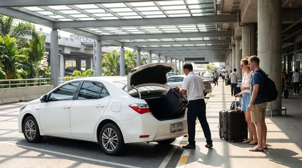 Driver loading a suitcase into a white sedan at a Thai airport kerb while a traveler couple waits
