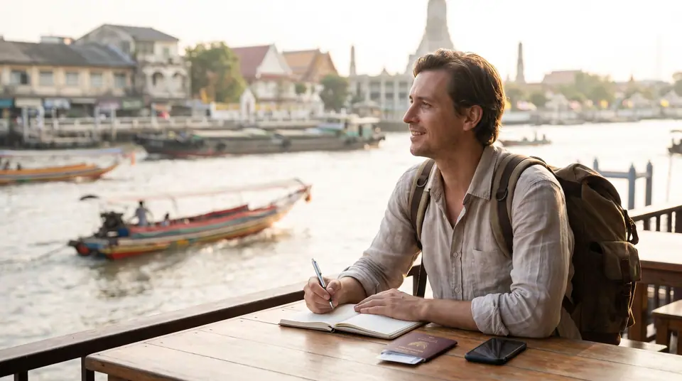 Traveler at a riverside café table in Bangkok with a notebook, passport and phone, boats on the Chao Phraya behind